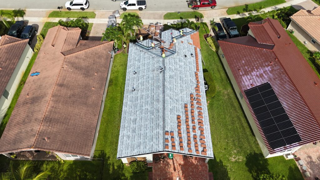 Aerial image of a tile roof replacement in Orlando-FL
