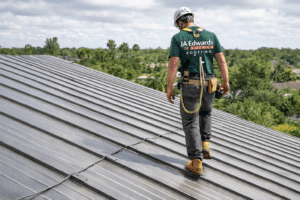 Professional walking safely on a metal roofing system in Florida