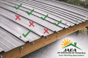 Corrugated metal roofing with visible support points and fastening areas
