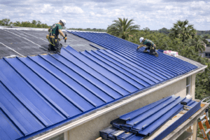 Metal roofing installation process on a residential home