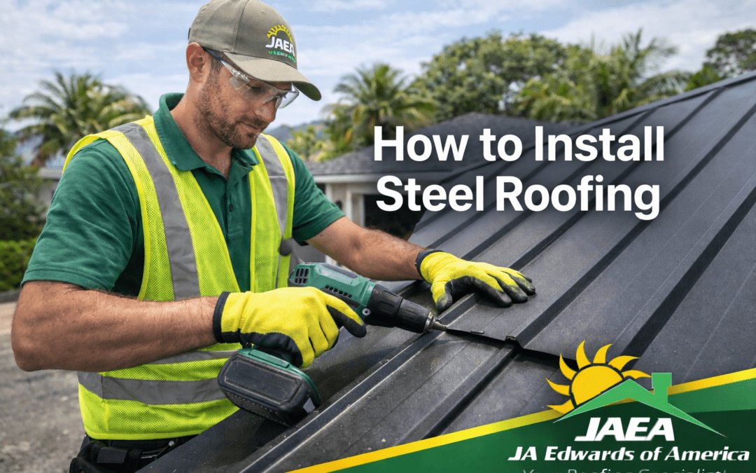 Roofing contractor installing steel panels on a Florida home roof wearing safety gear and green and yellow work clothing
