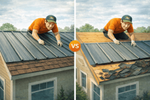Image comparing installing a roof over singles and removing the shingles