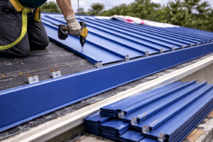 Standing seam metal roofing panels during installation