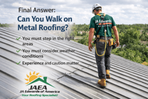 Roofing professional walking carefully on a metal roof during inspection