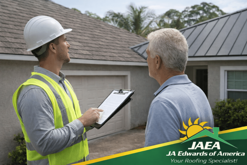 Roofing professional inspecting a Florida roof and discussing shingle vs metal options with a homeowner.