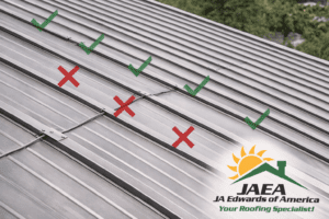 Standing seam metal roofing showing safe walking areas near structural supports