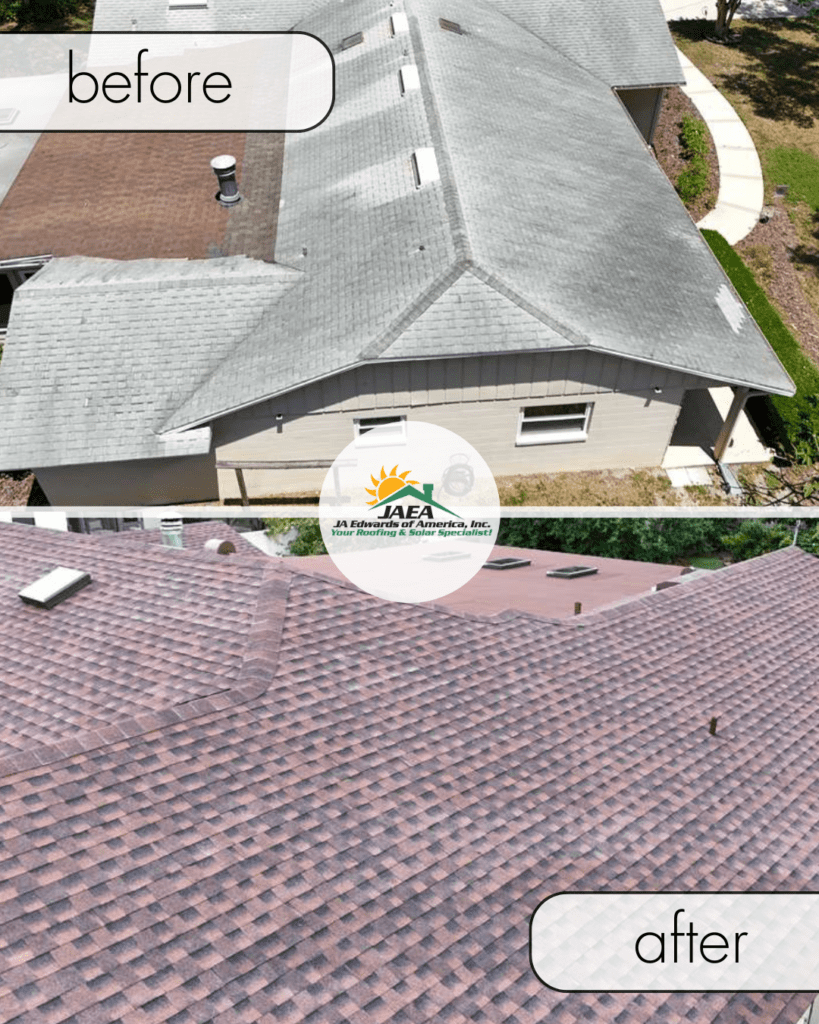 A divided image showing a before and after of a shingle roof