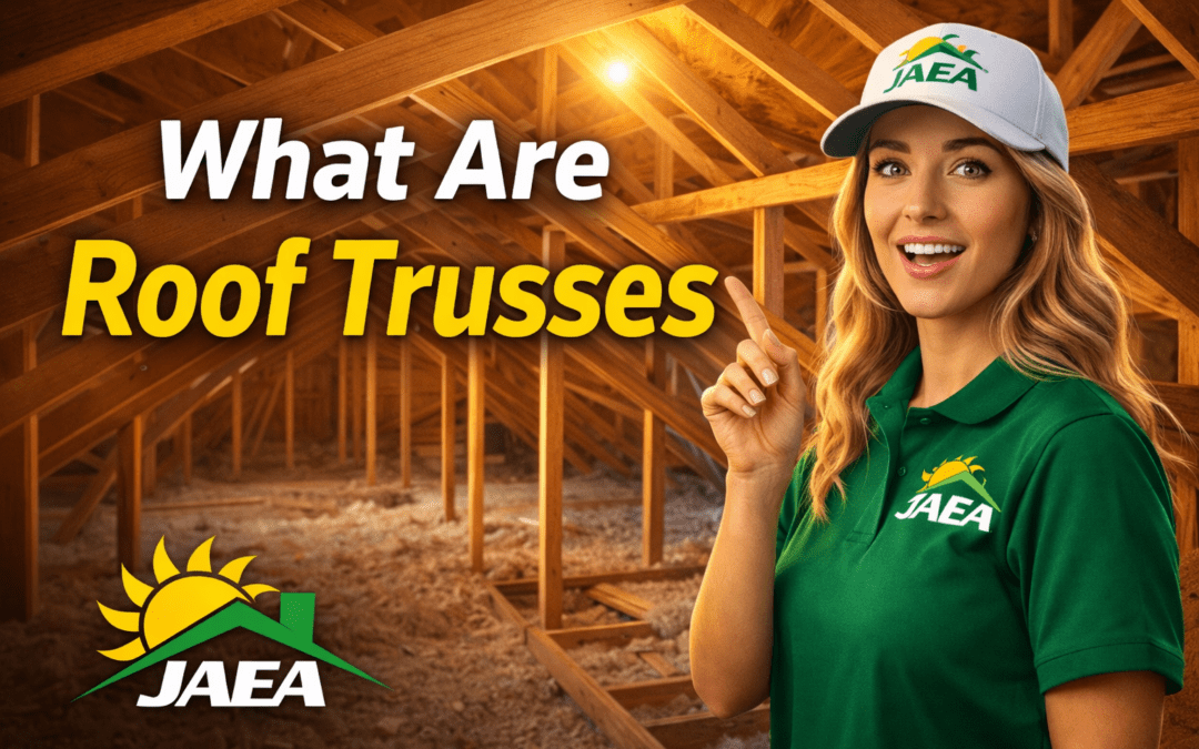 A image showing a woman point to roof trusses