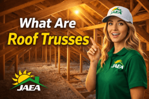 A image showing a woman point to roof trusses