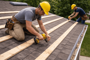 Furring strips installed over shingles for metal roofing
