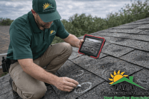 An roof inspector highlighting the hail damage in a roof
