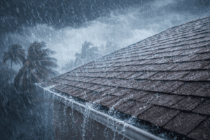 a rainwater cascading over pitched roof