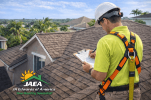 A roof being inspected in a suburban in Florida