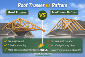 An image showing the difference between roof trusses vs rafters