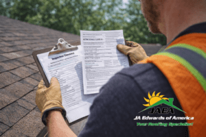 Roofer checking shingle documentation for wind rating and approvals