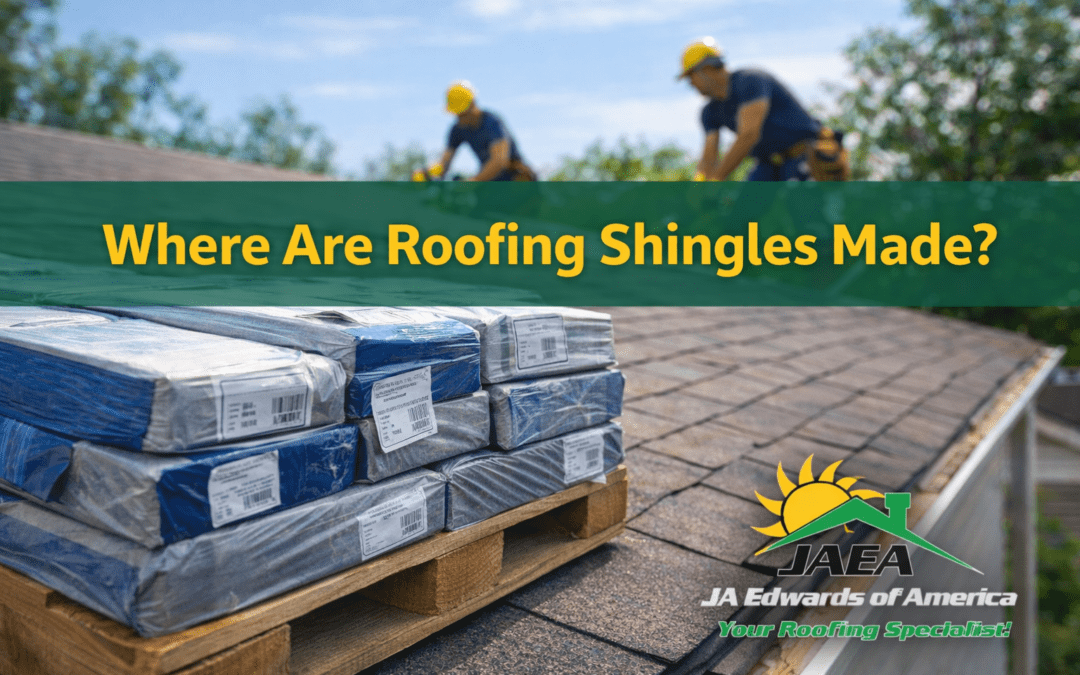 Roofing shingle bundles showing product labels and plant codes
