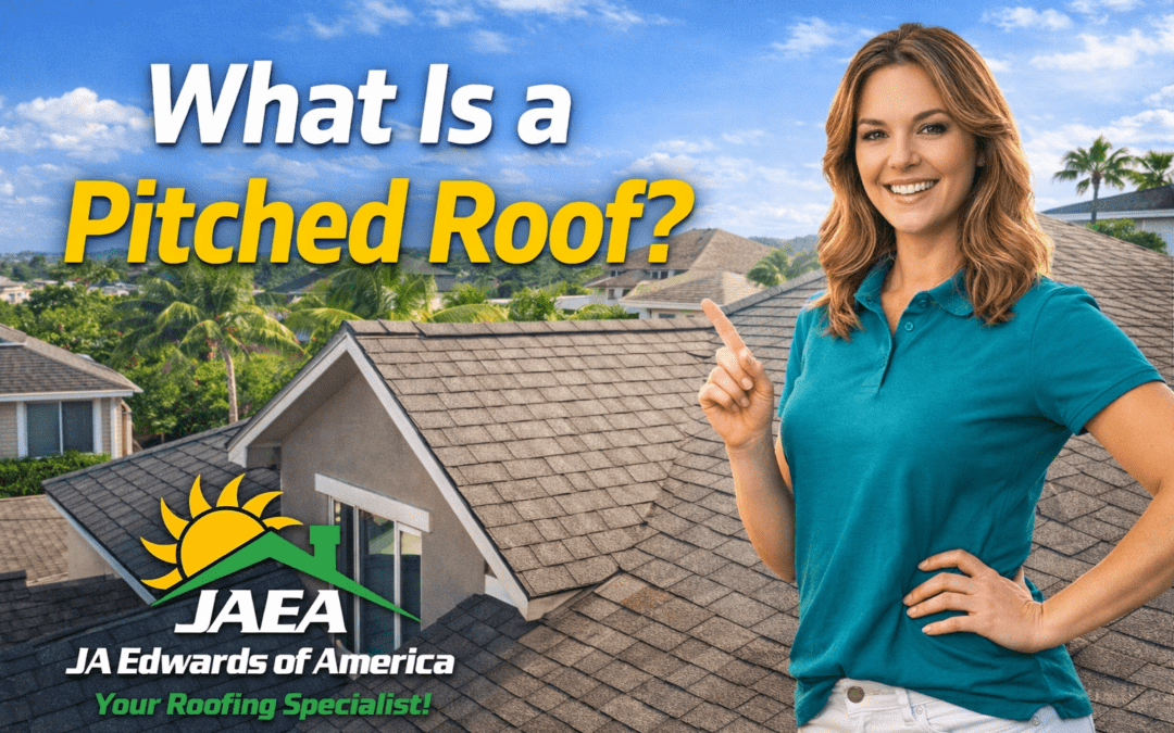 A woman pointing to a pitched roof