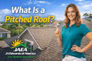 A woman pointing to a pitched roof