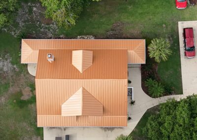 An aerial image showing a metal roof replaced by JA Edwards of America