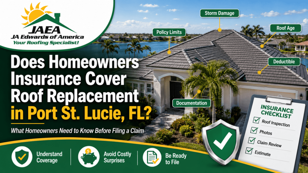Does homeownerds insurance cover roof replacement in Port St. Lucie by JA Edwards of America, Roofing contractor, Roofing Company, Residential roofing