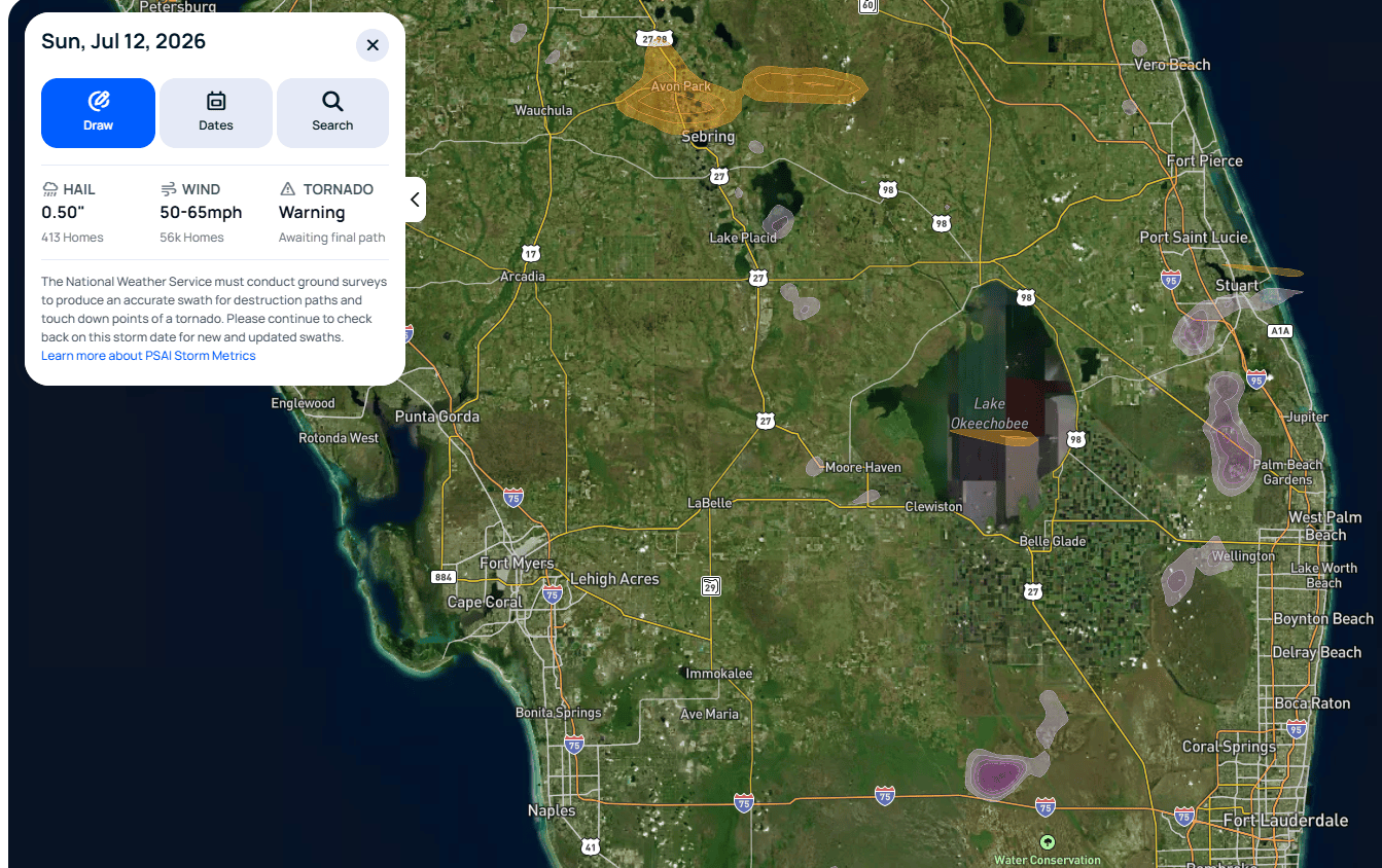 Storm tracking map showing wind swath and tornado warning near Port St. Lucie and Lake Okeechobee, Florida on July 12, 2026
