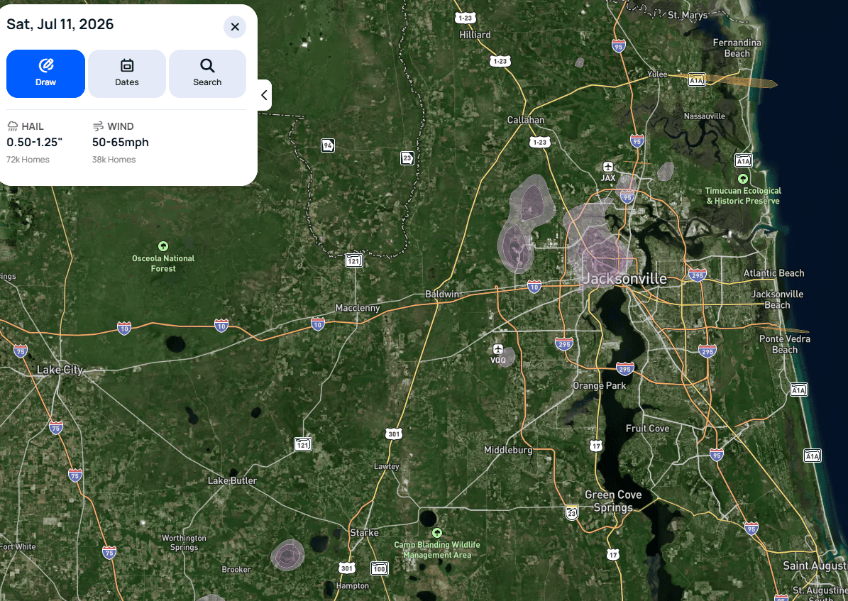 Storm tracking map showing hail and wind swath directly over Jacksonville, Florida on July 11, 2026
