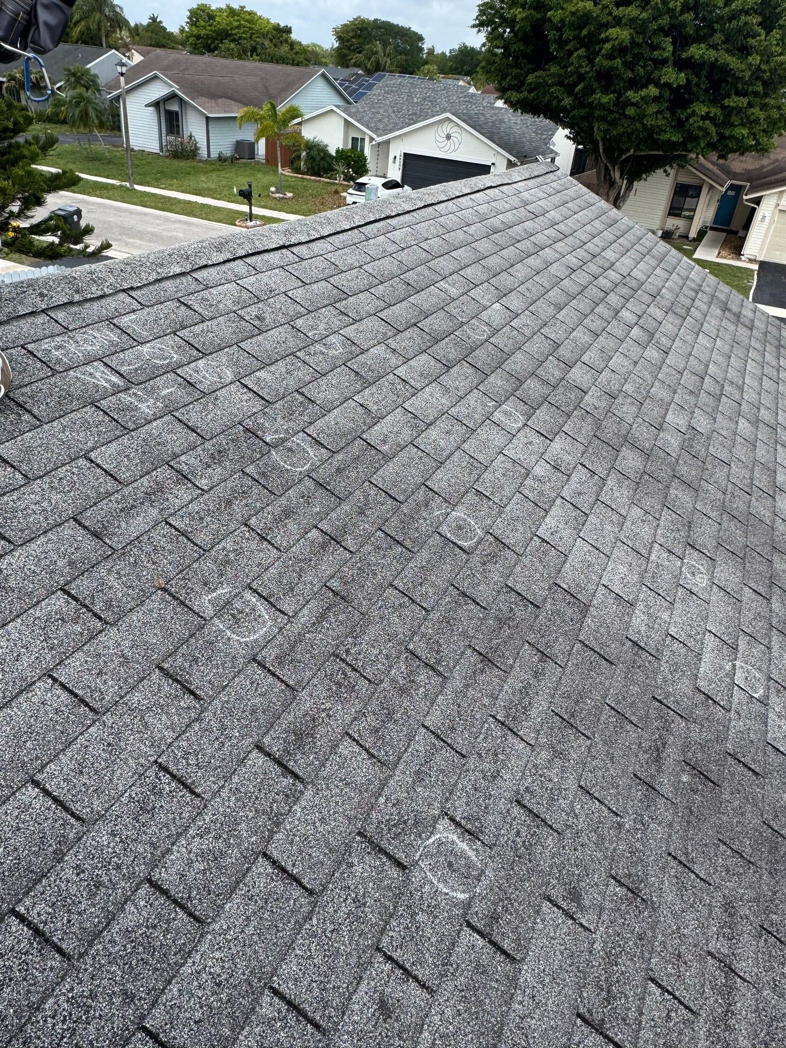 Aging asphalt shingle roof showing granule loss and marked damage on a Florida home